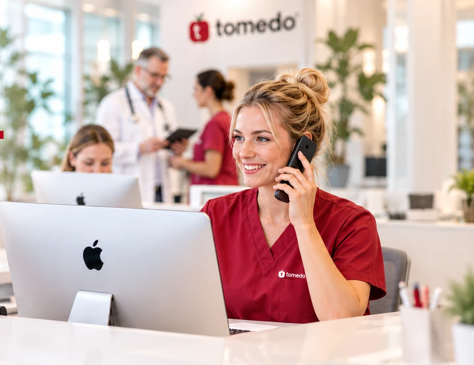 Freundlicher Empfang einer modernen Arztpraxis mit Apple-Arbeitsplatz und telefonierender Mitarbeiterin